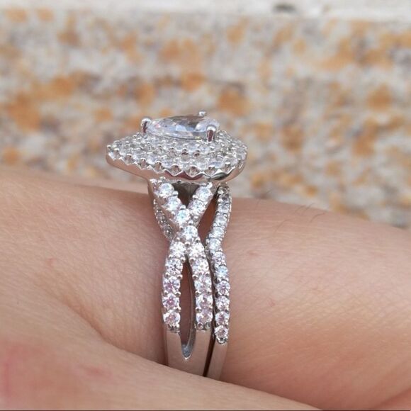 2pcs 925 silver Engagement Ring Wedding Band Set Pear Shaped Diamond Ring - Picture 3 of 11